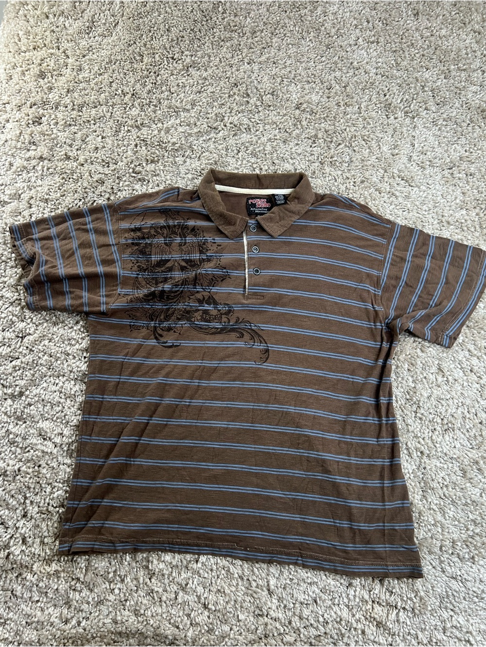 Point Zero Brown Polo with Blue Stripes and Chest Graphic